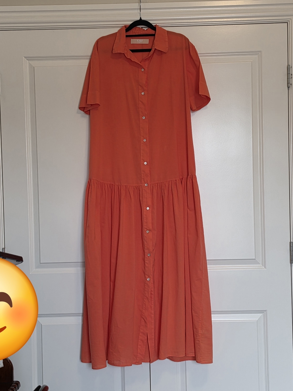 CALI BY CALI DREAMING DROP WAIST MAXI SHIRT DRESS CORAL ORANGE 100% COTTON M